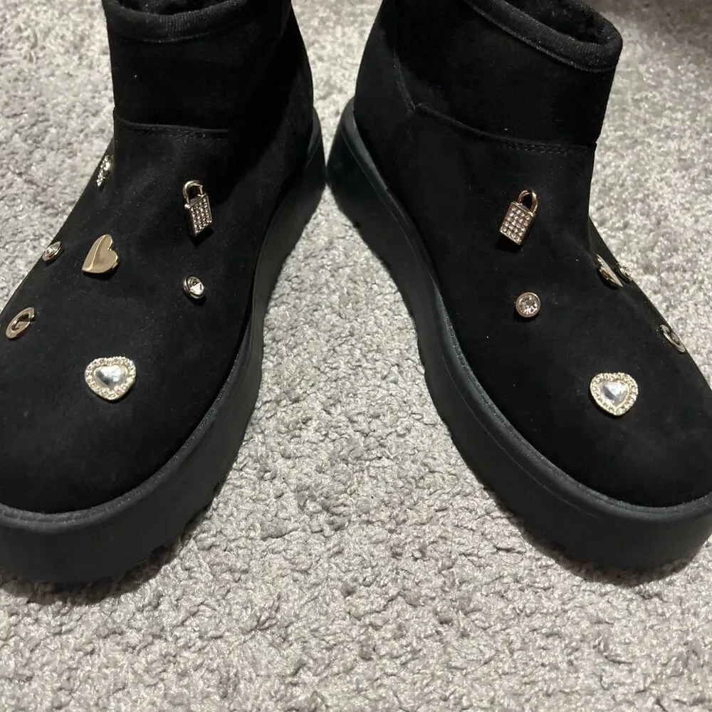 GB Black Suede Faux Fur Lined Boots with Charms - Women’s Size 8